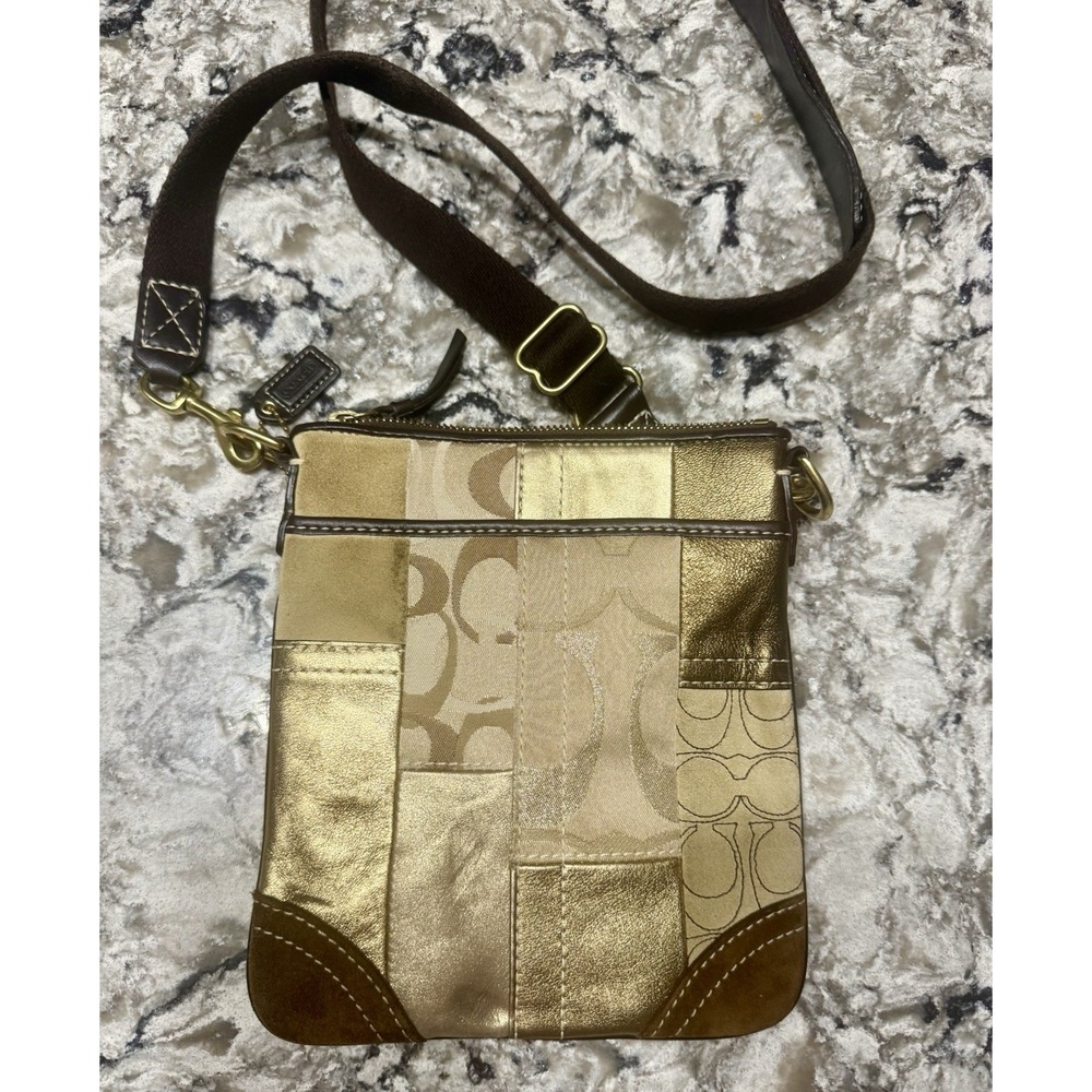 Coach Gold Patchwork Swingpack Messenger Cross Body Handbag Purse
